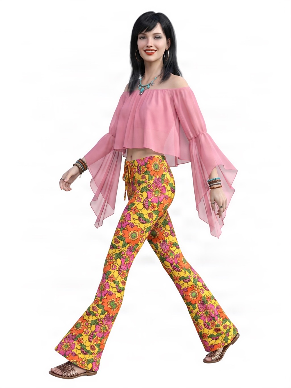 SPIRIT Vibrant Floral Flare Yellow Orange Pink bellbottom Pants retro SIZE LARGE